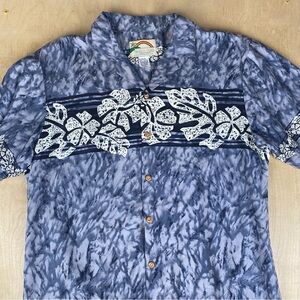 Vintage Paradise Found Mens Large Button Up Hawaiian Shirt Floral Design Blue